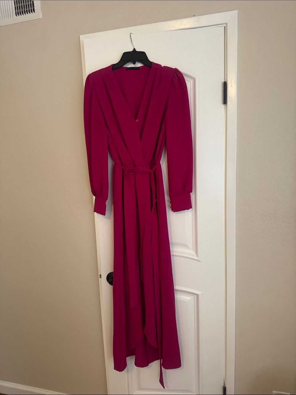Fuchsia Long Sleeve Wrap Maxi Dress with Self-Tie Waist